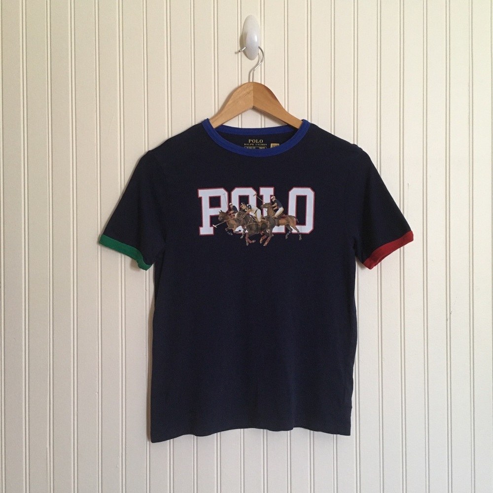 Polo Ralph Lauren boys navy blue triple pony logo t-shirt size medium EUC
